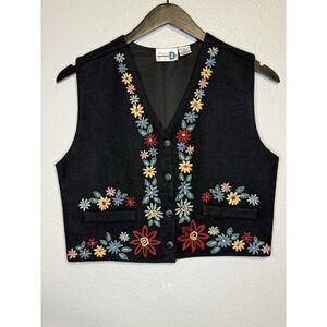Vintage Paul Harris Floral Embroidered Black Wool Vest Womens Small Grandma Core